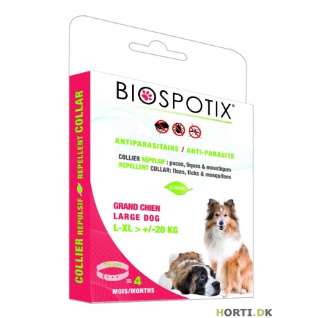 Biospotix® halsbånd naturlig løsning til at beskytte din hund mod skadedyr (lopper, tæger og myg). Produceret i Frankrig.