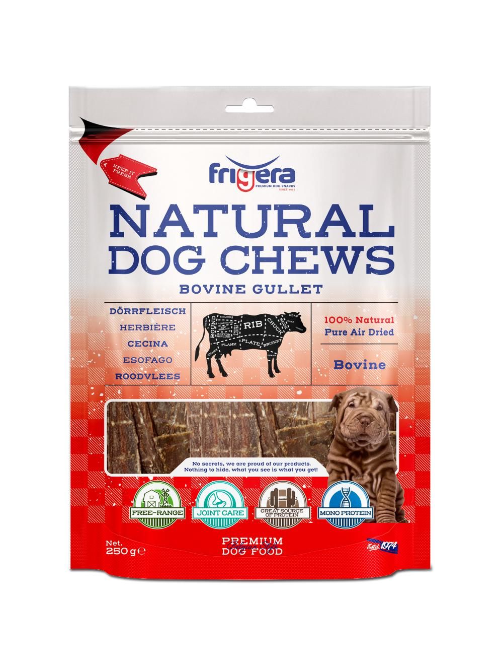 Frigera natural dog chews oksespiserør 250 g.