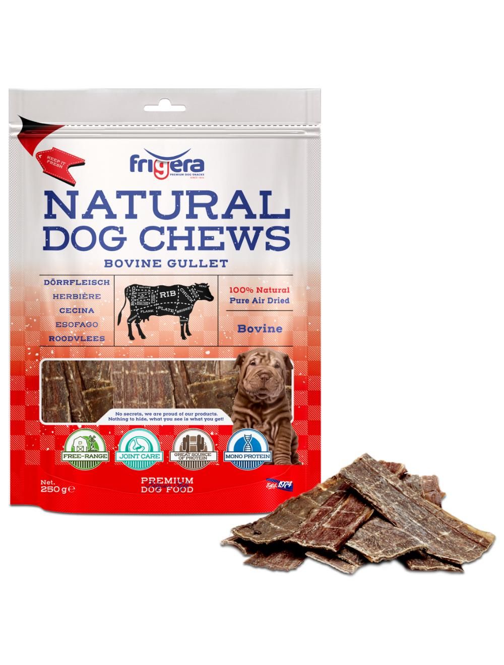 Frigera natural dog chews oksespiserør 250 g.