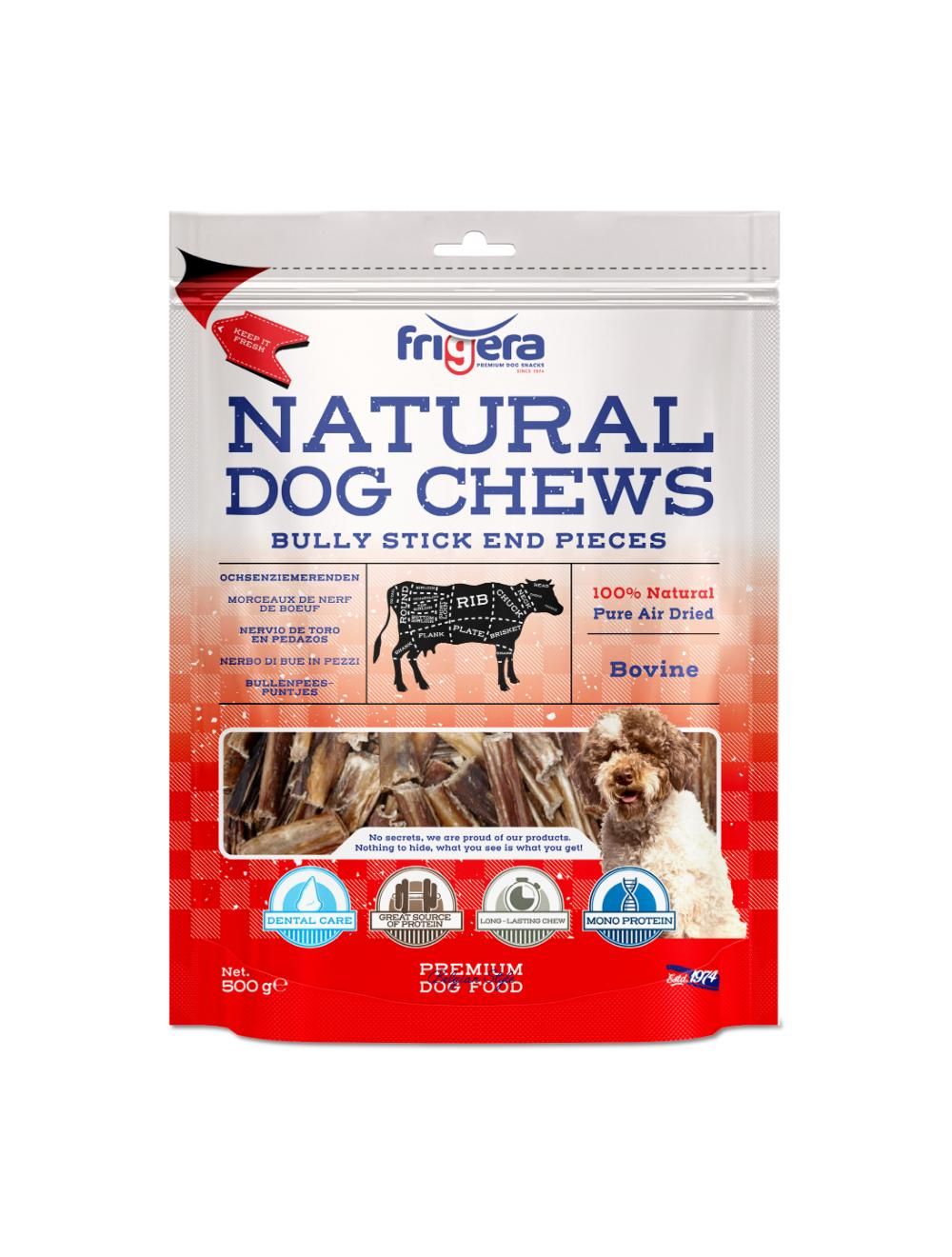 Frigera natural dog chews tyrepinde endestykker 500 g.