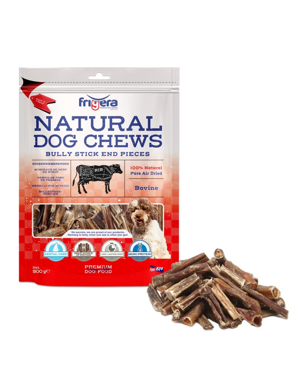 Frigera natural dog chews tyrepinde endestykker 500 g.