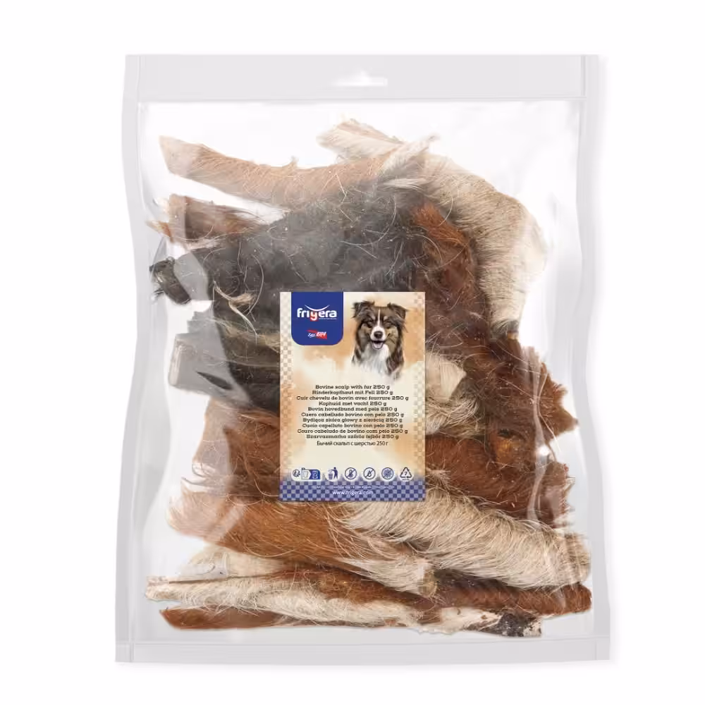 Frigera Natural Dog Chews okse pandelap med hår 250 g.