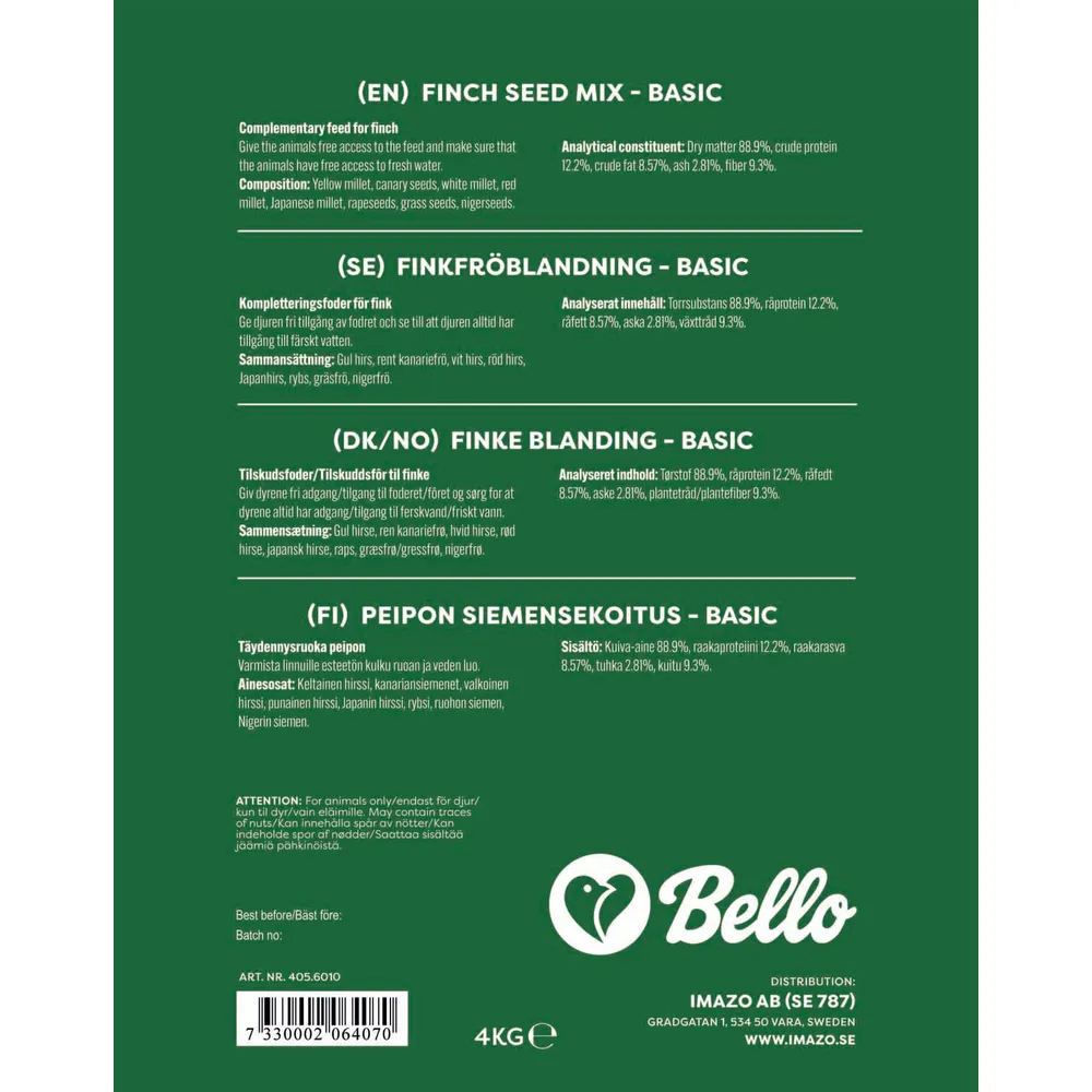 BELLO FINCH SEED MIX BASIC 4KG Bestanddele