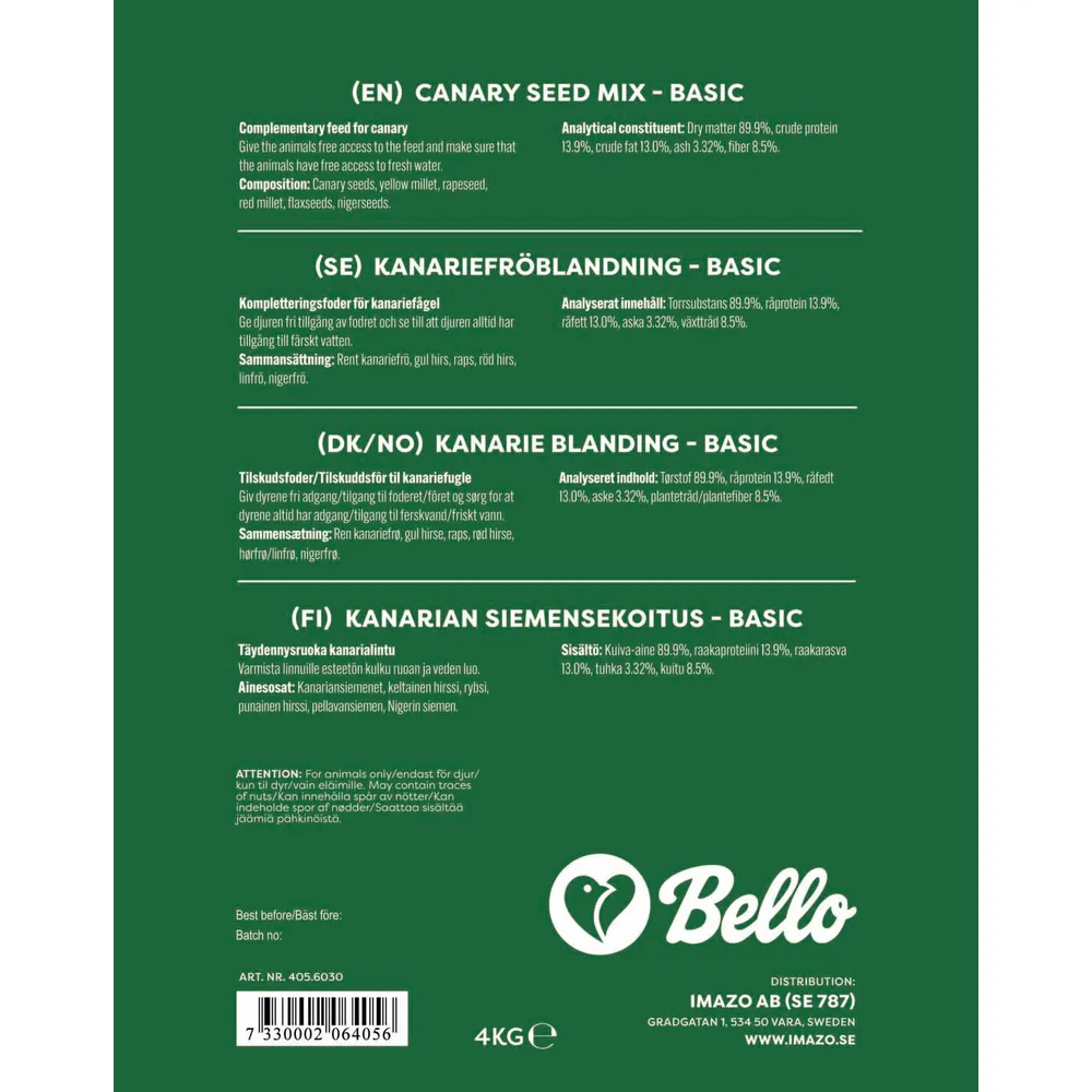 BELLO CANARY SEED MIX BASIC 4KG Bestanddele