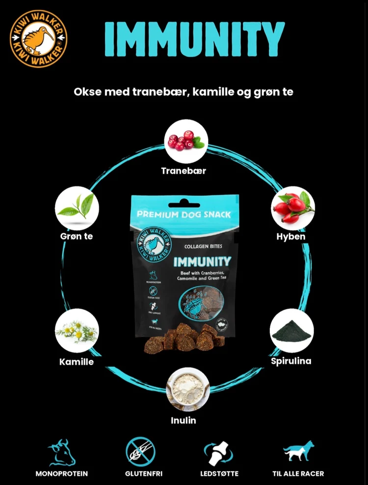 Kiwi Walker Immunity Collagen Bites (Okse med Tranebær, Kamille og Grøn Te) 77 g.